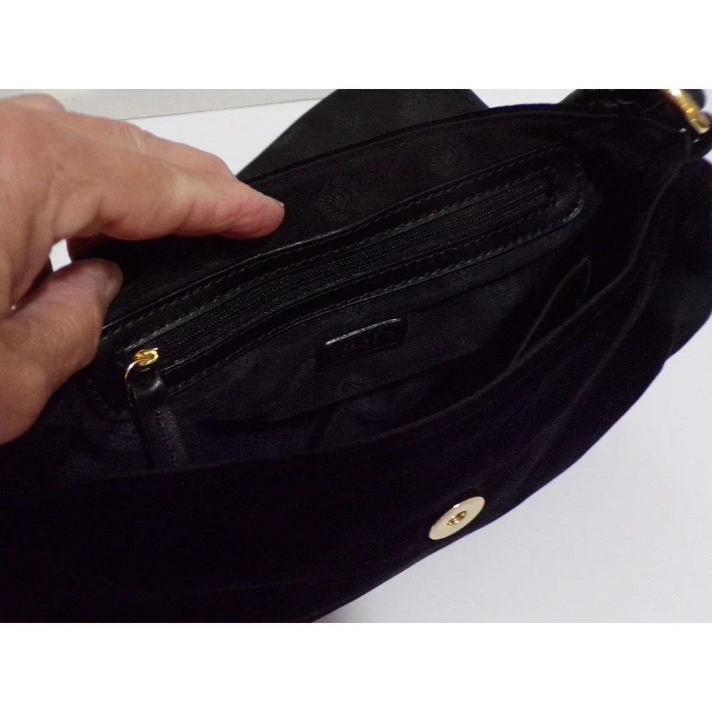 Chaps Black Velvet Satchel w/Goldtone Accents Snap Closure Faux Leather Handle